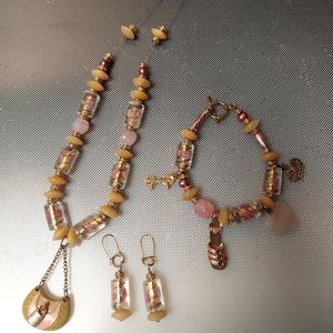 3pc set gold pink yellow autumn necklace bracelet earring enamel bag pendant 2in